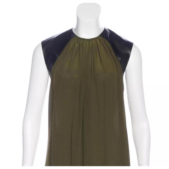 ALEXIS Olive Green Open Back Black Leather Inset Maxi Silk Dress Gown XSmall - Picture 9 of 9
